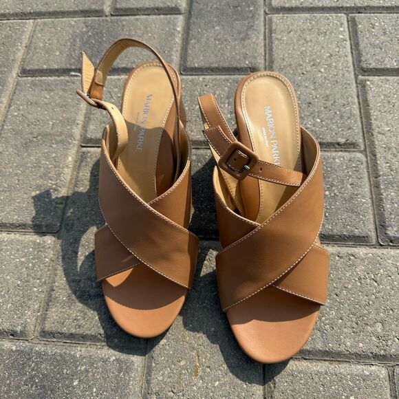 Marion Parke Maren Block Heel Napa Caramel White Stitching NIB $595 Size US 8.5 - Picture 3 of 11